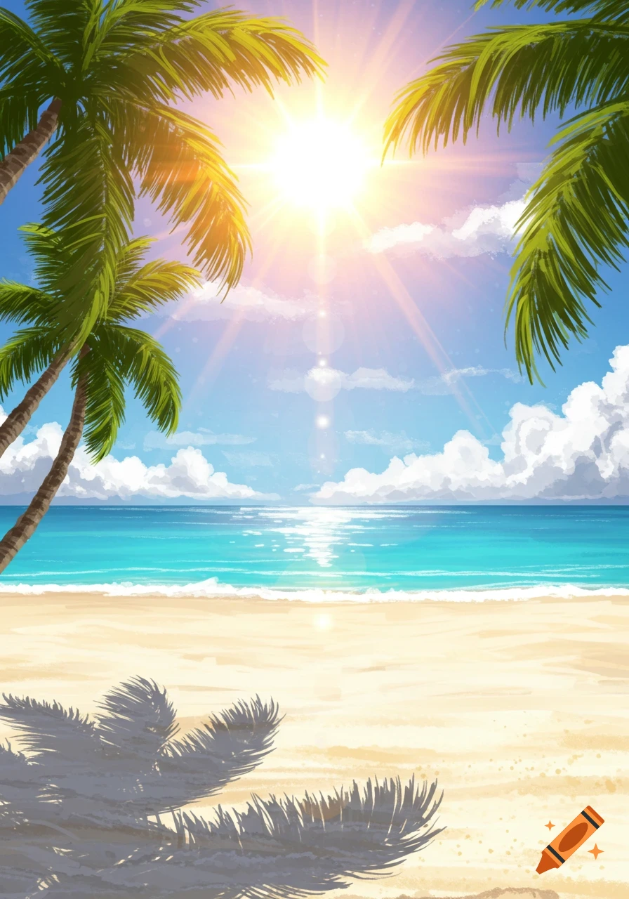 Stylized anime beach scene with palm trees framing a view of the ocean, sand, and bright sun.