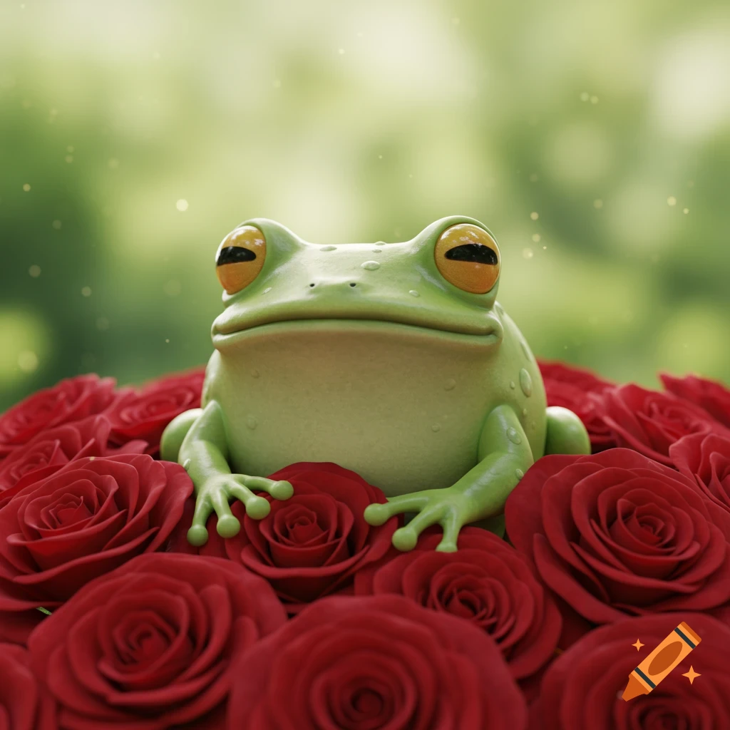 A round green frog sits on a pile of red roses in a 3D rendering style