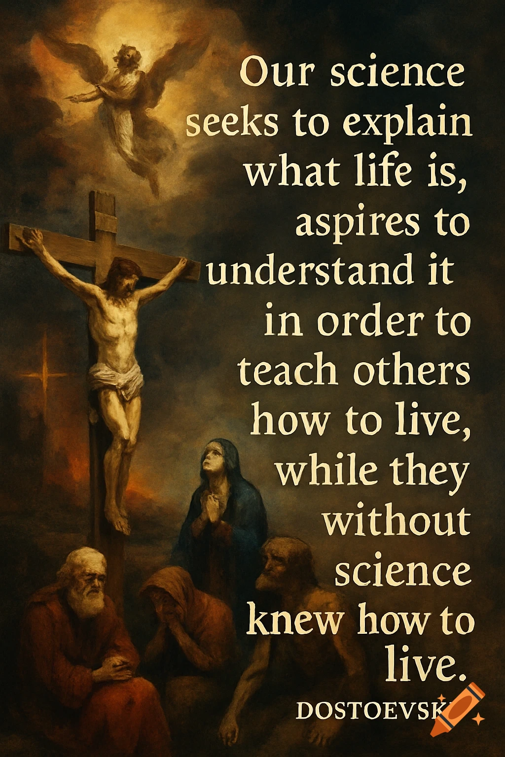Dark painting of the crucifixion with an angel above and figures below, overlaid with a quote by Dostoevsky.