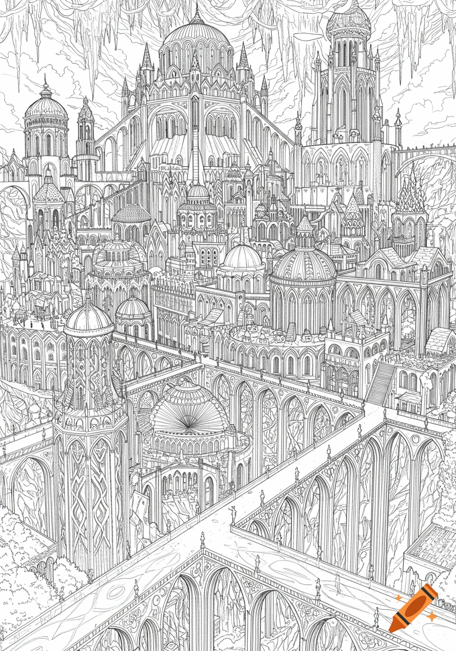 A highly detailed line drawing of a fantastical city built into a mountain or cave, with ornate architecture, multiple domes, towers, and bridges.