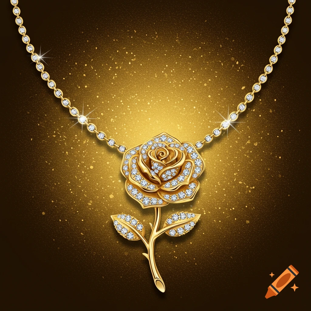 Gold necklace with diamond rose pendant on a golden background.