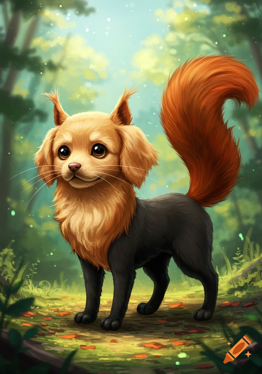 Cute dog, cat, and squirrel hybrid creature in a forest, digital painting