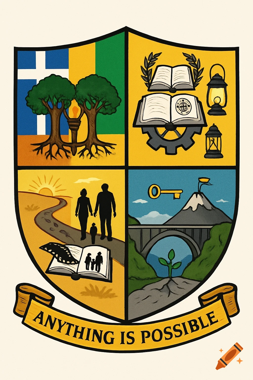 Illustration of a shield divided into quadrants with symbolic images and a banner reading 'Anything Is Possible'.