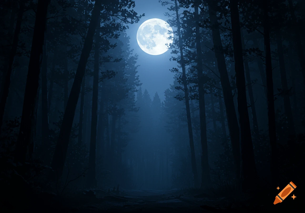 A dark forest path illuminated by a large full moon.