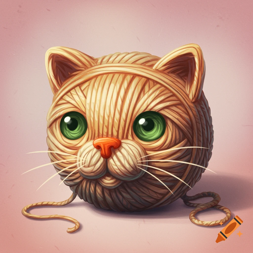 A close-up of a cat's head made from yarn with big green eyes.