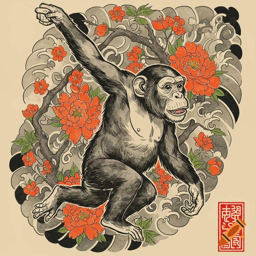 Chimpanzee in Japanese tattoo art style swinging among red flowers and waves.