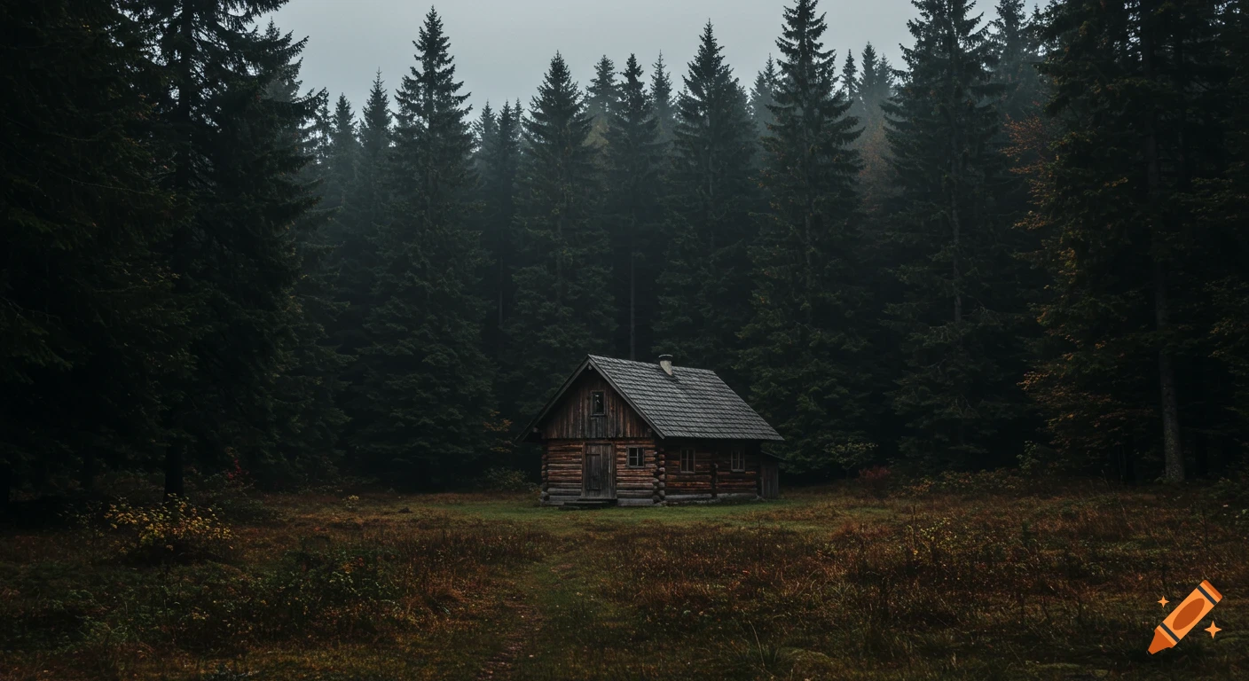 Rustic wooden cabin in a dark evergreen forest on a gloomy autumn day, realistic photography.