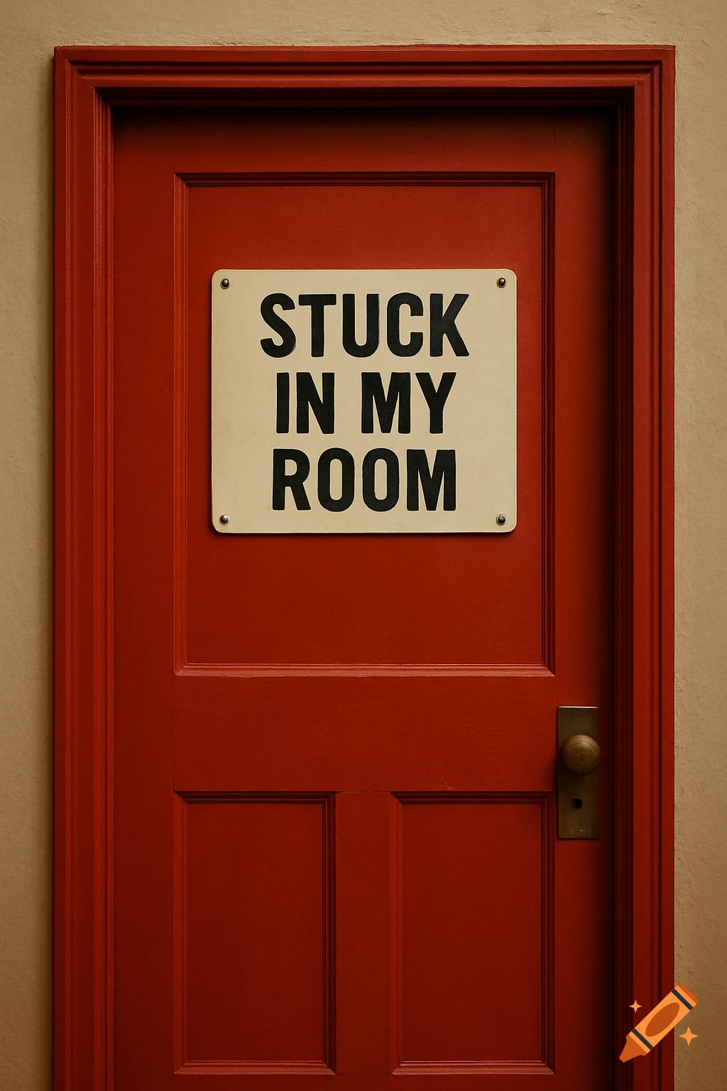 A red door with a white sign that reads "STUCK IN MY ROOM".