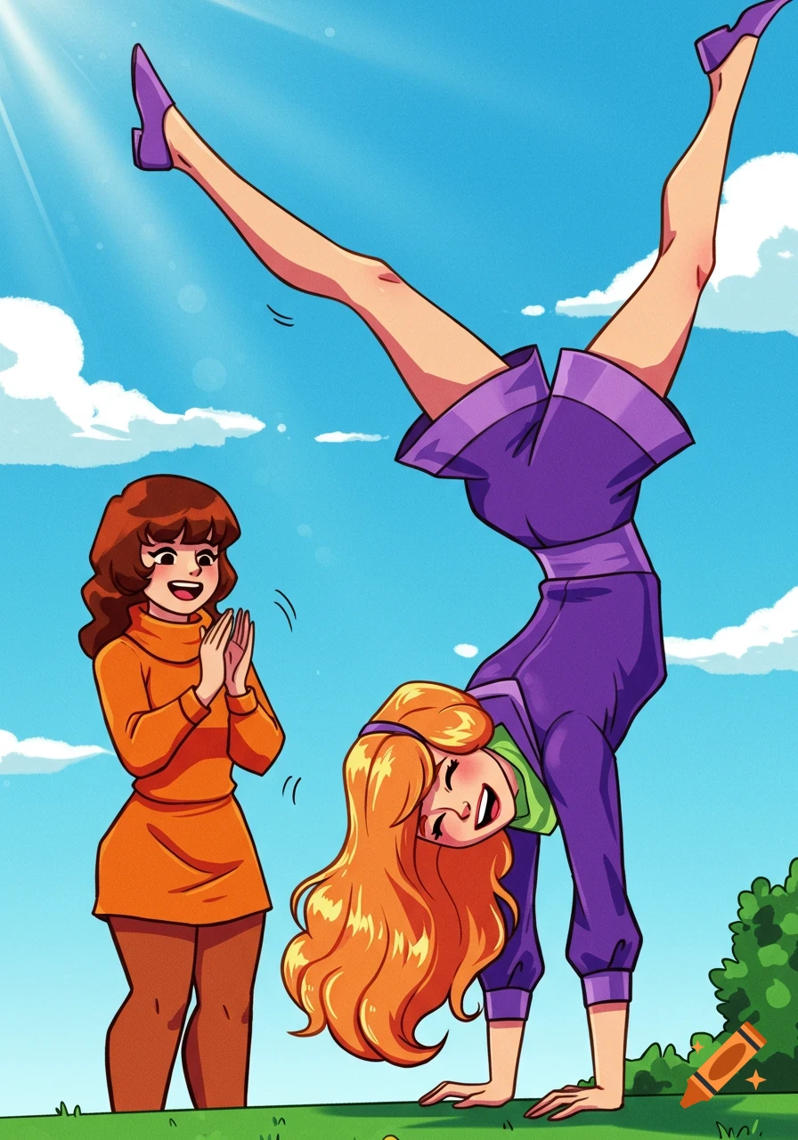 Cartoon women Velma and Daphne outdoors, Velma clapping while Daphne does a handstand.