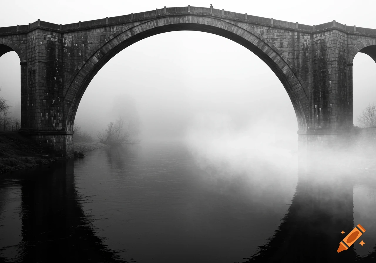 A black and white photo of a stone bridge over a river covered in fog.