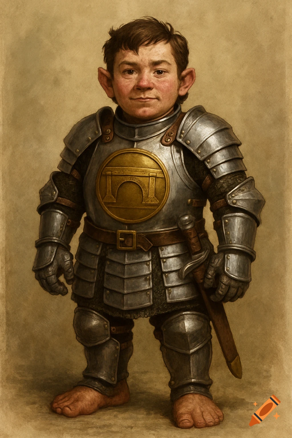 A small figure in medieval fantasy armor with a bridge symbol on the chest, painting style.