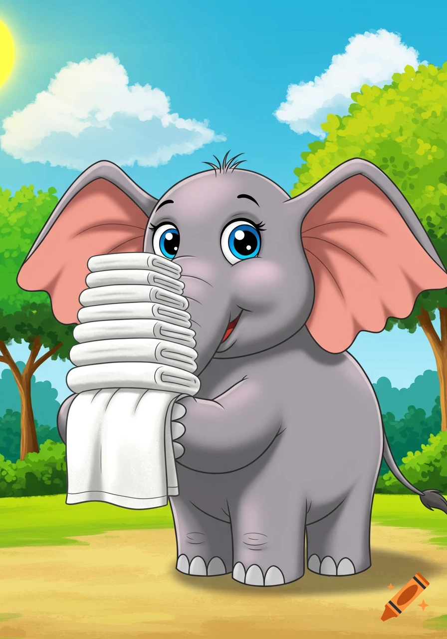 A cartoon elephant holds a tall stack of white towels outdoors.