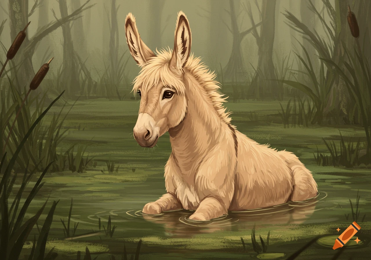 A light brown donkey sits in a swamp. Digital painting.