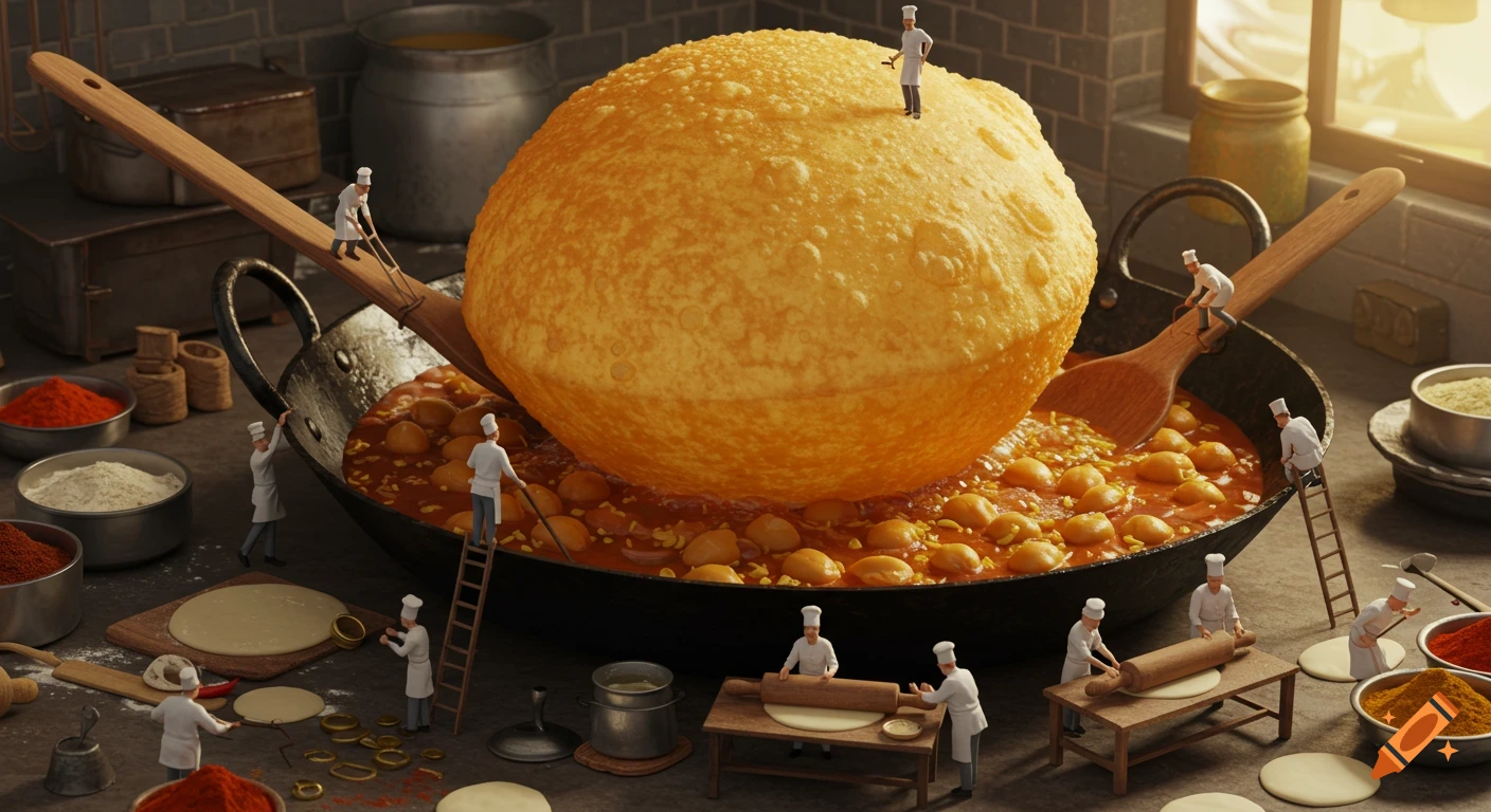 Miniature chefs cook a giant chole bhature in a kitchen, featuring a huge puri and pot of chole.
