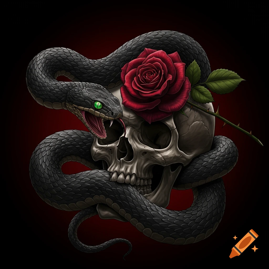A black snake entwined around a skull with a red rose on top, in a gothic style.