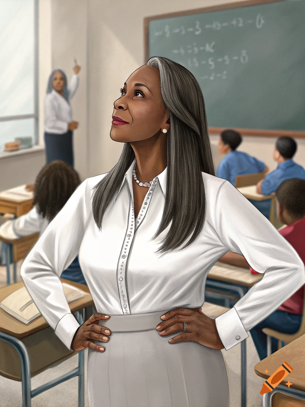 Digital illustration of a Black woman teacher standing in a classroom with students.