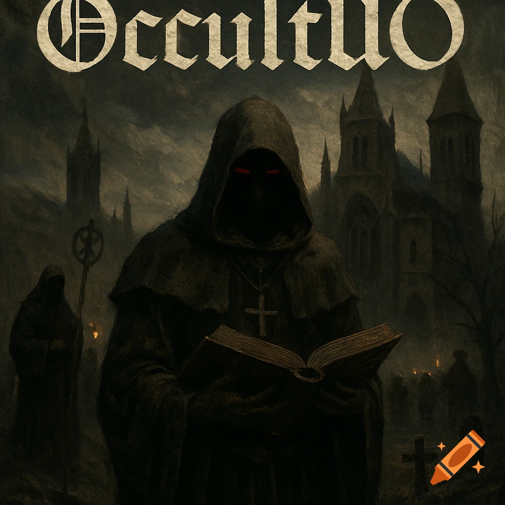 Dark, painterly image of a hooded figure reading a book in a graveyard with a church and 'OccultUO' text.