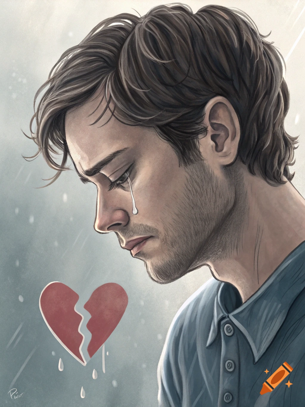 Illustration of a man crying over a broken heart