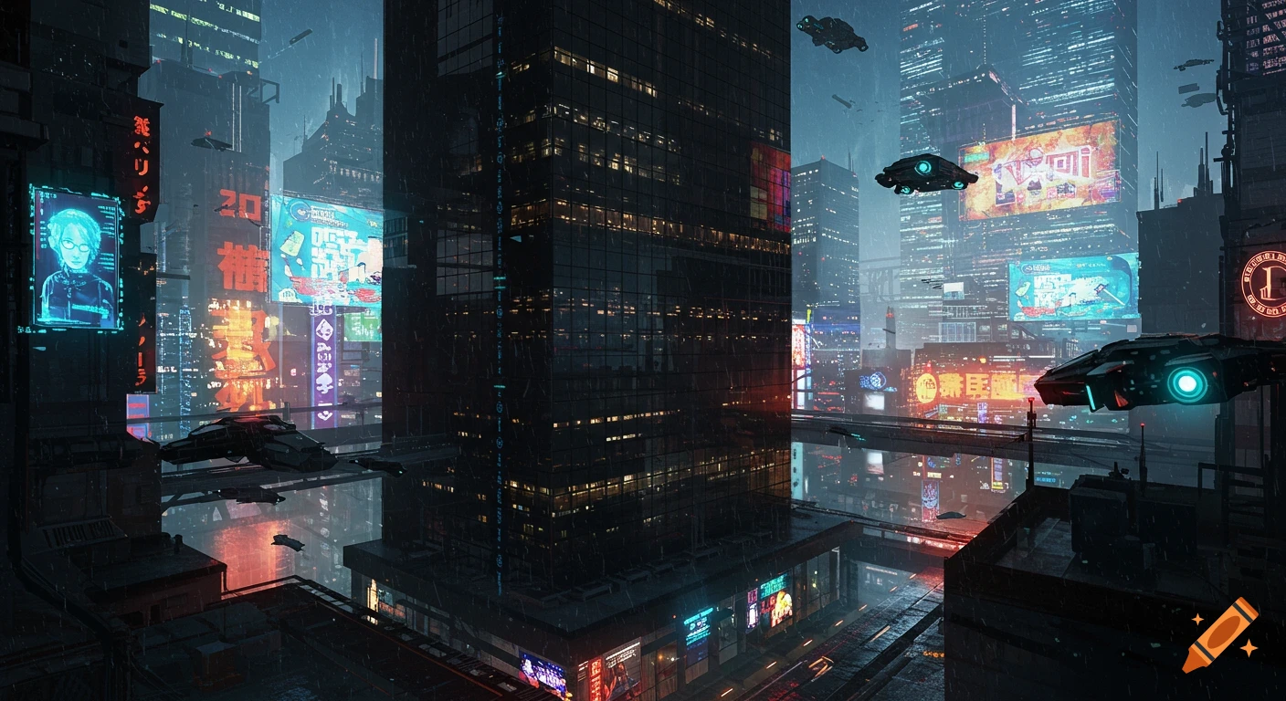 Rainy cyberpunk cityscape with a large black skyscraper, neon signs, and flying vehicles.