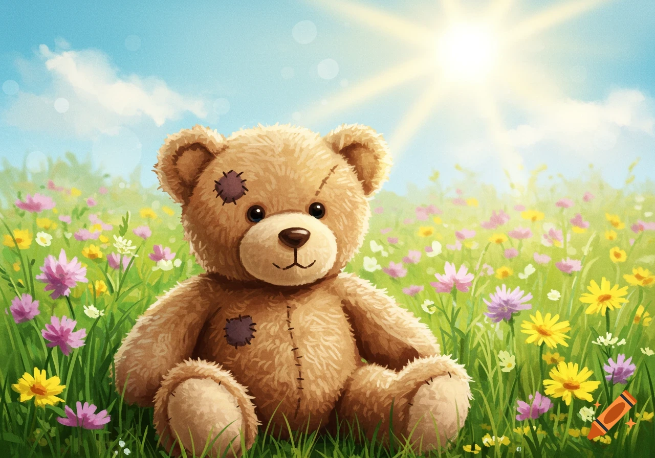 A brown teddy bear with patches sits in a field of colorful flowers under a sunny sky, in an illustration style.