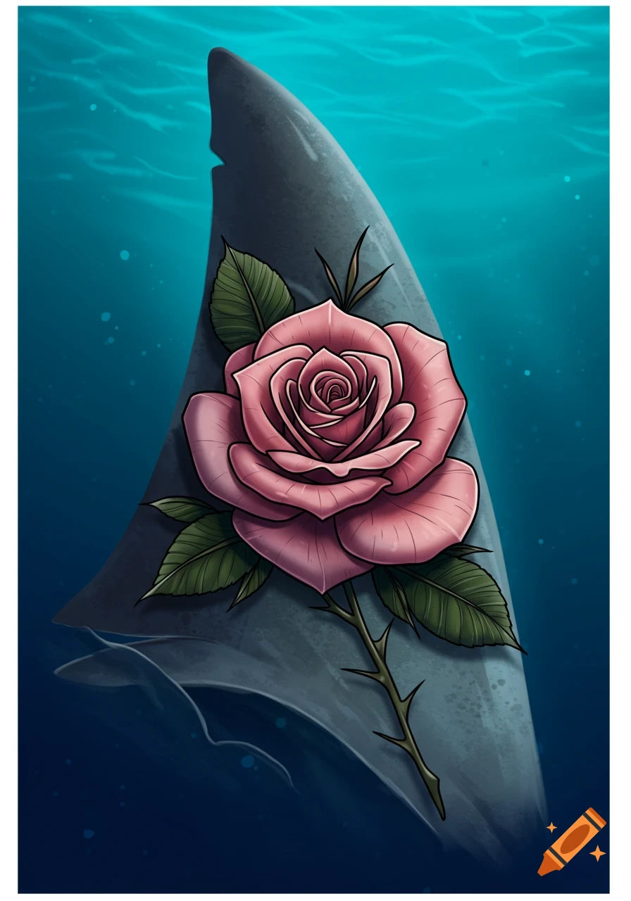 An illustration of a shark fin with a pink rose on it, partially submerged in water.