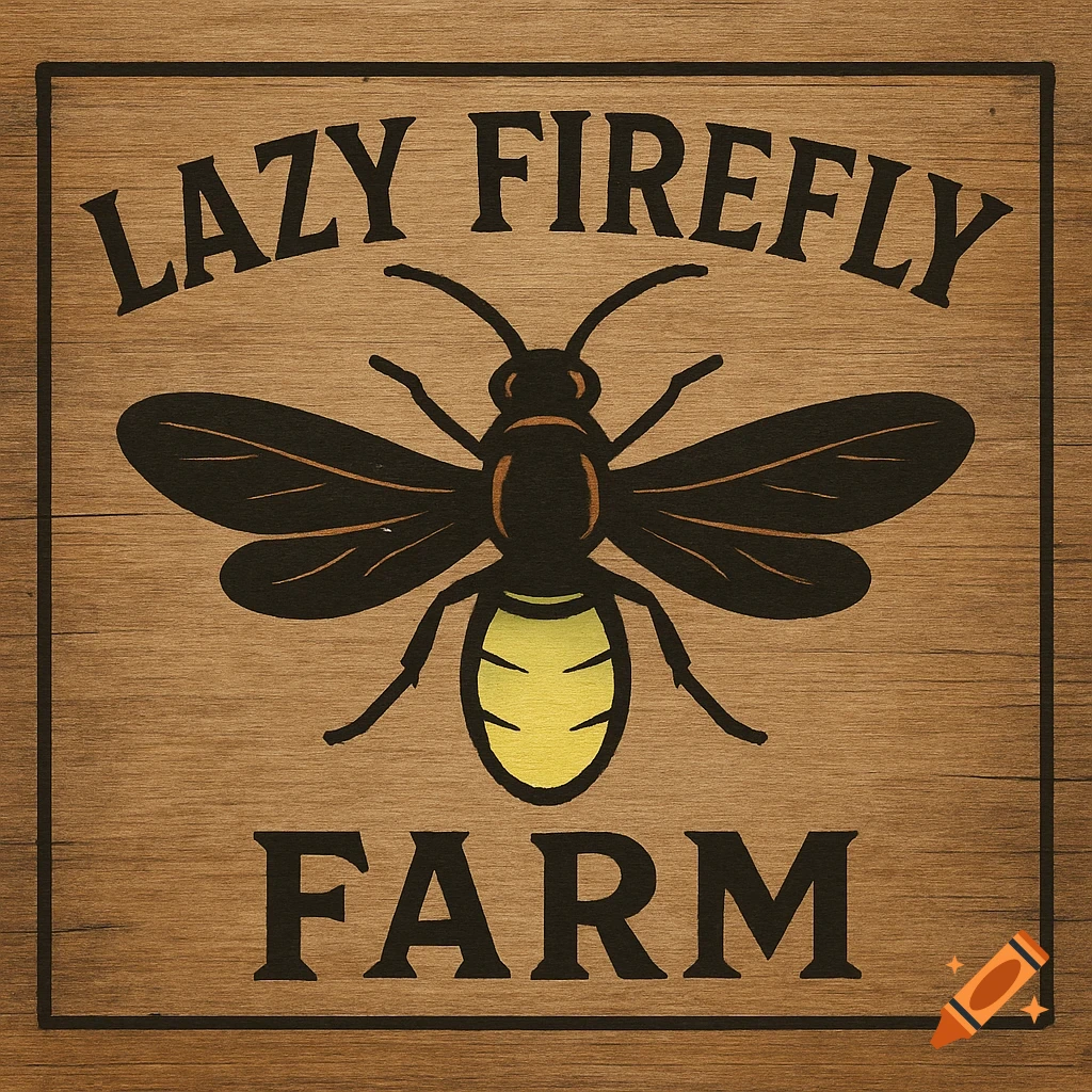 Wooden sign with a firefly graphic and 'Lazy Firefly Farm' text.