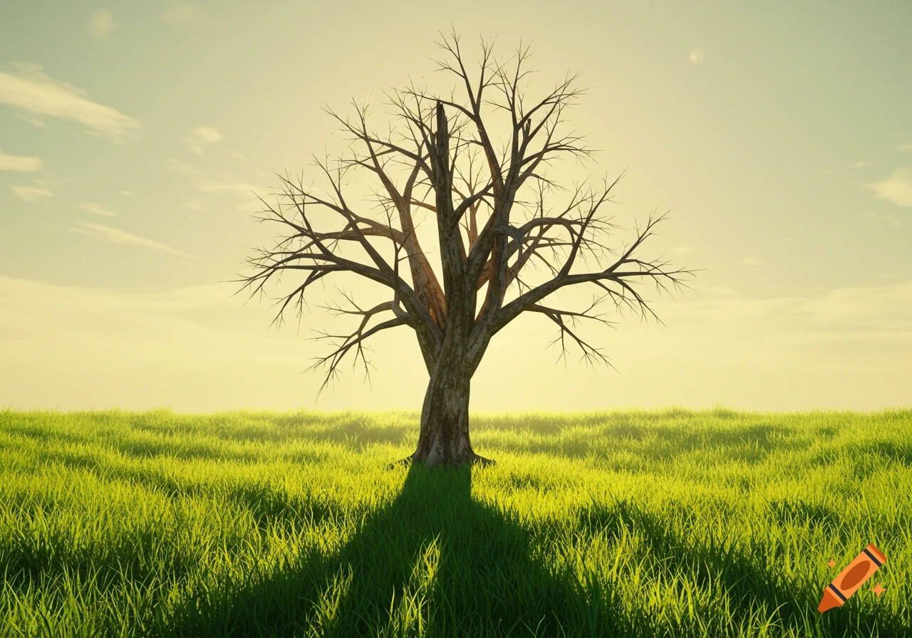 A bare tree stands in a green field under a bright sky. Digital art style.