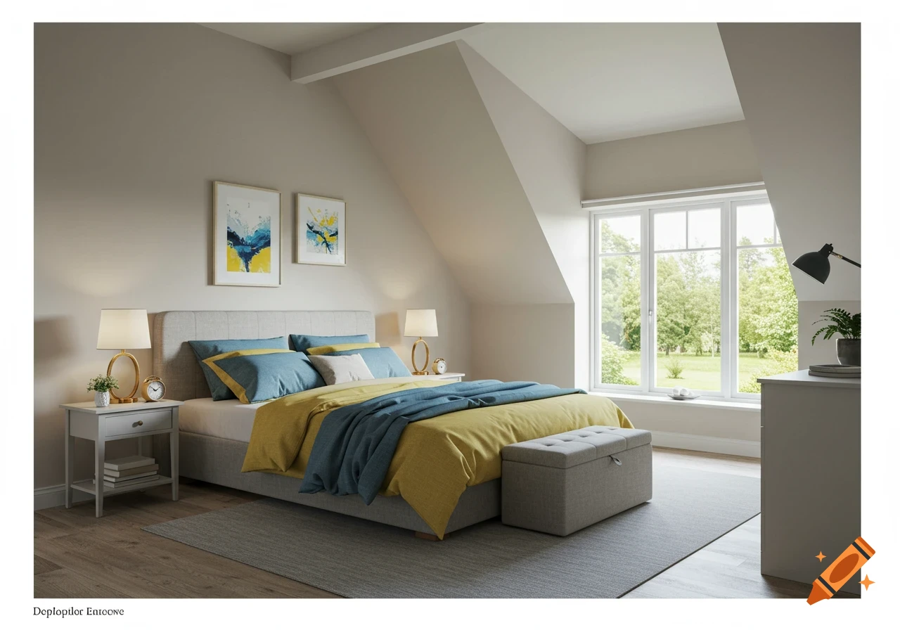 A bright bedroom with a vaulted ceiling, light beige walls, and warm light grey carpet. A bed is made with blue and yellow bedding.