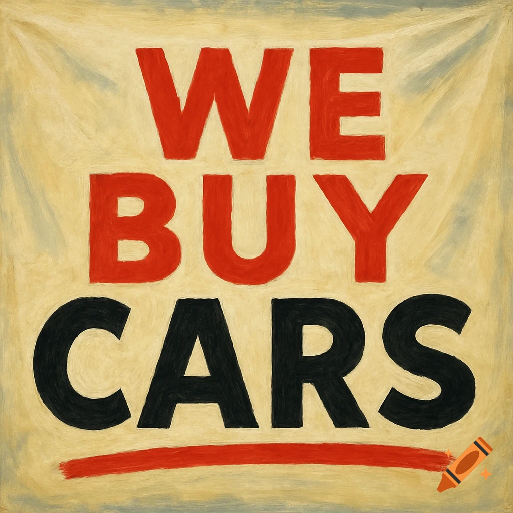 Painted banner sign reading WE BUY CARS in red and black letters on beige, with a red line underneath.