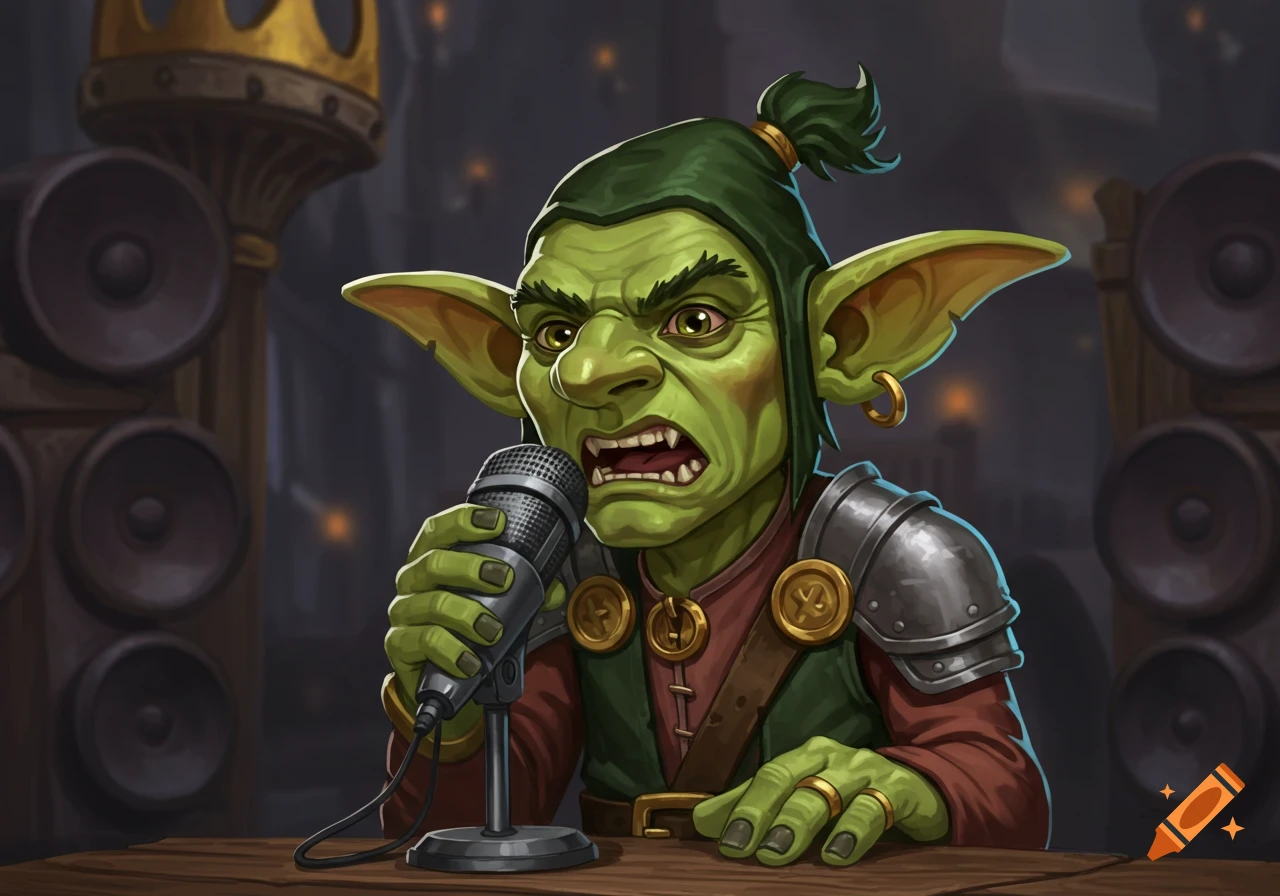Cartoon illustration of a green goblin speaking into a microphone in front of large speakers.