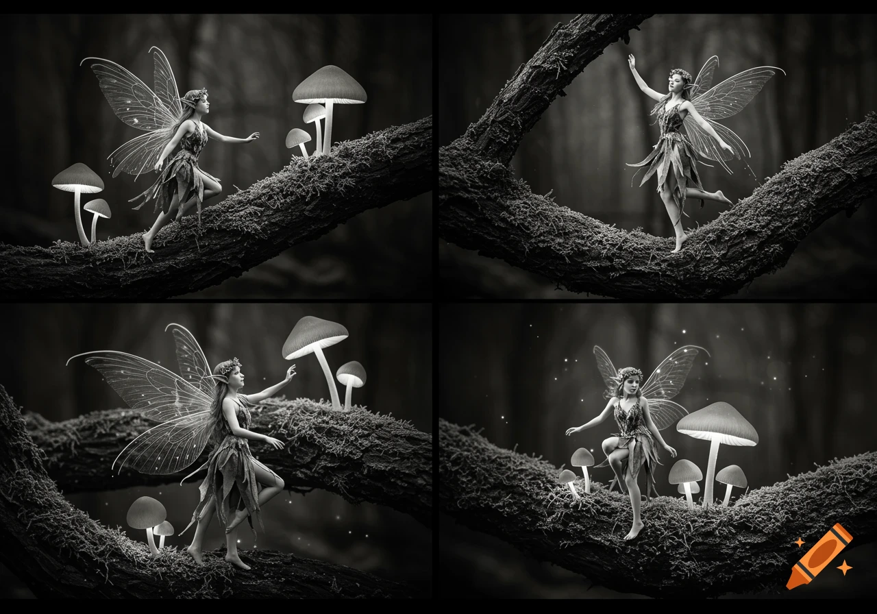 High contrast black and white photo of a fairy on a mossy tree branch with glowing mushrooms.