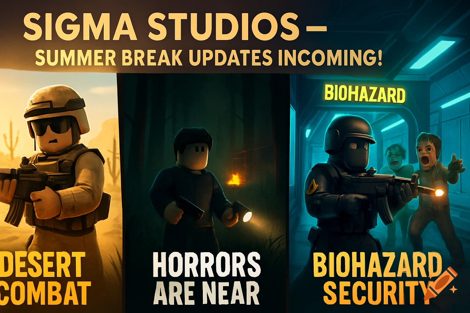 A three-panel game banner for Sigma Studios updates: Desert Combat, Horrors Are Near, Biohazard Security, featuring Roblox-style characters.