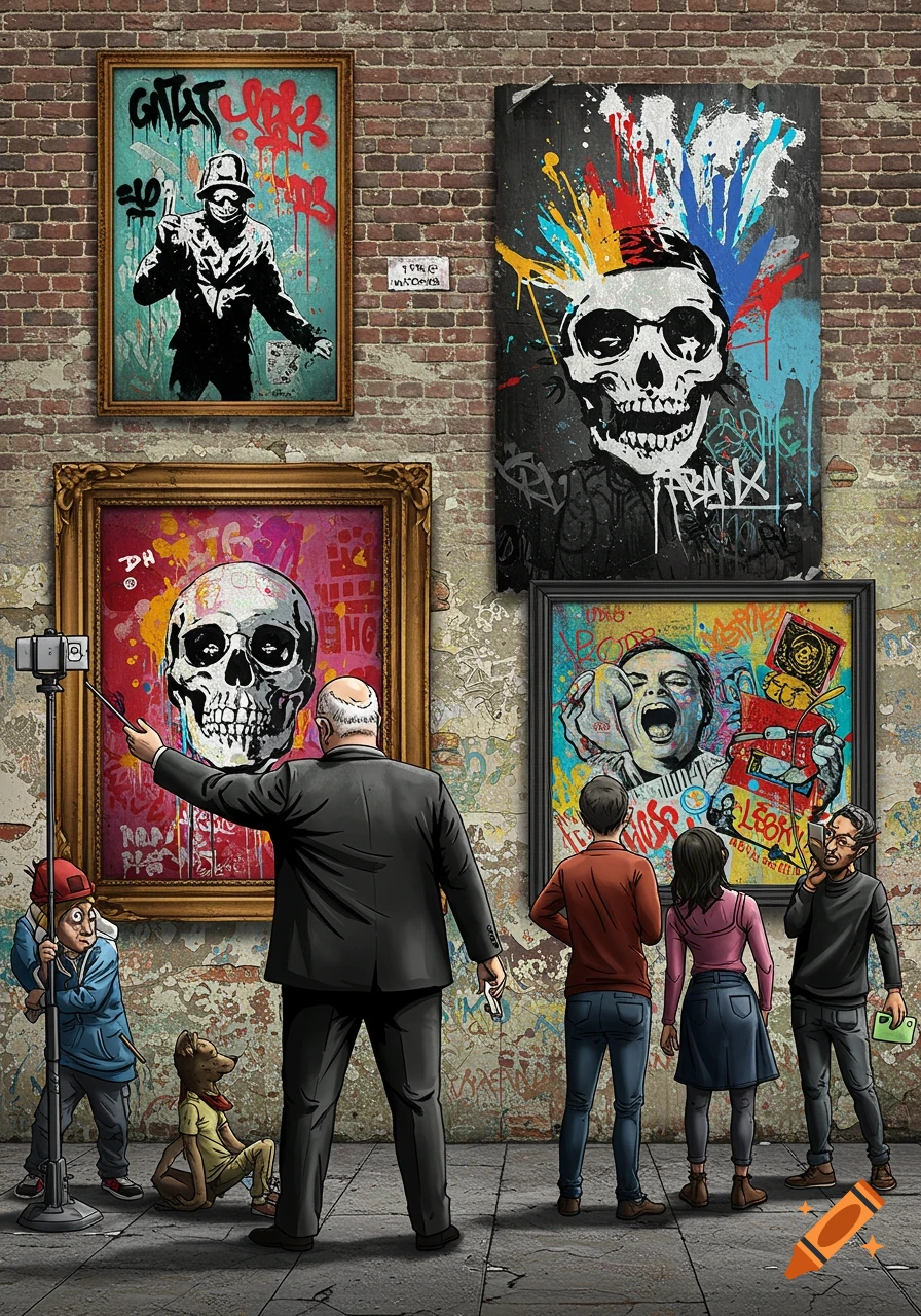 People viewing street art on a brick wall, featuring skulls and graffiti