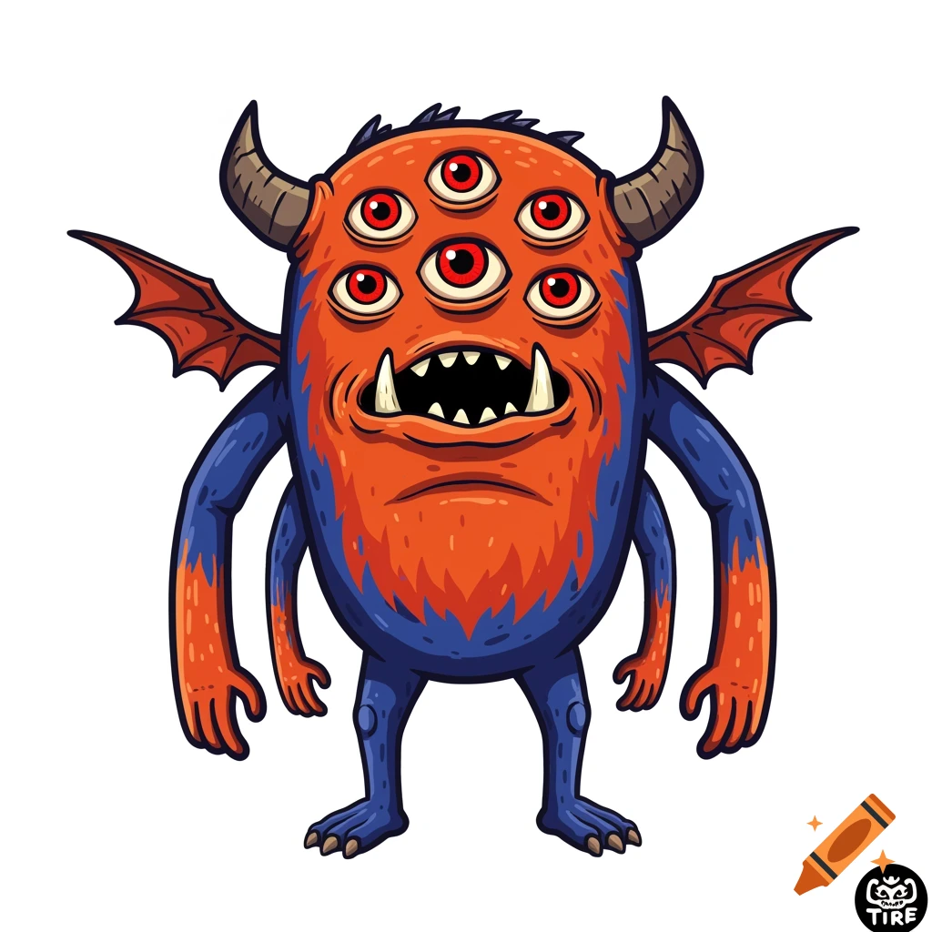 A stylized red and blue monster with six red eyes, horns, crooked teeth, two arms, two legs, and small wings.