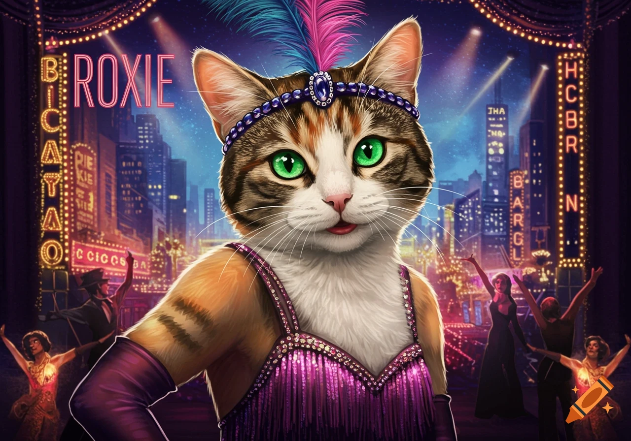 A calico cat in a sequined flapper dress and feathered headband performs on stage in front of a city skyline.