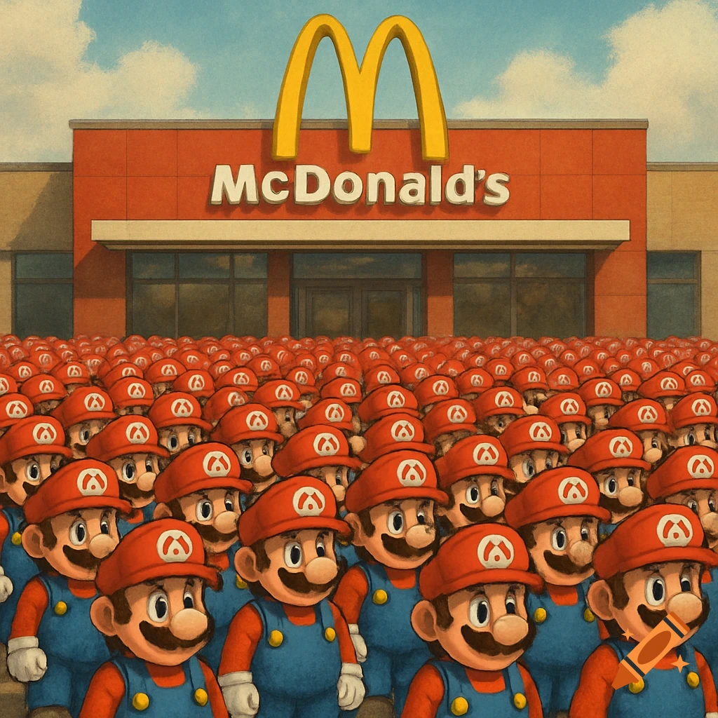 A large crowd of Mario characters stands in front of a McDonald's restaurant.