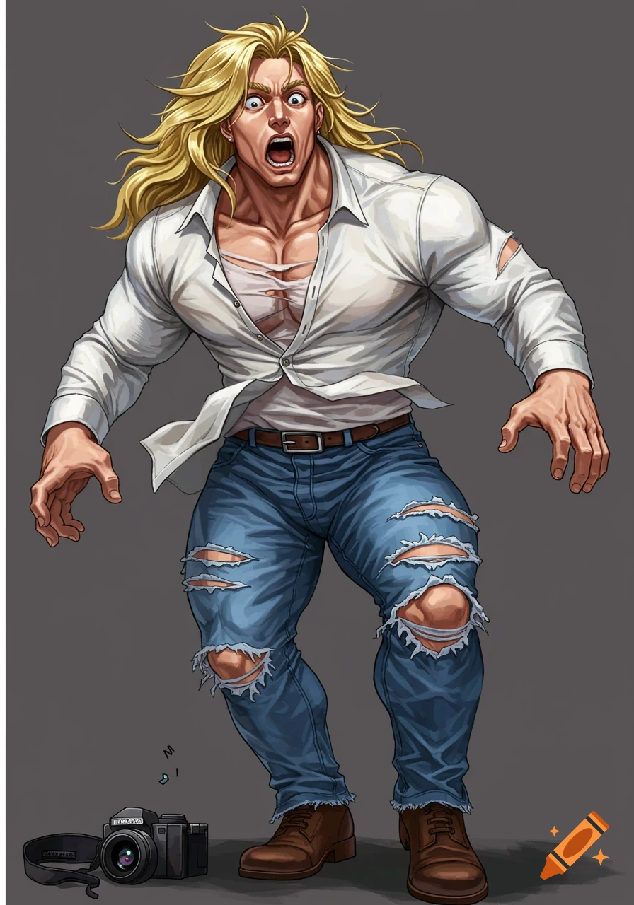 Manga illustration of a muscular blonde man with ripped clothes reacting in shock near a dropped camera.