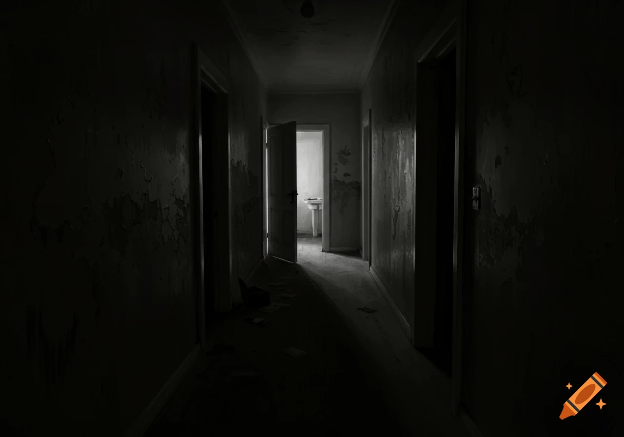 Dark and eerie photorealistic image of a hallway in an abandoned building with peeling walls and an open door at the end.