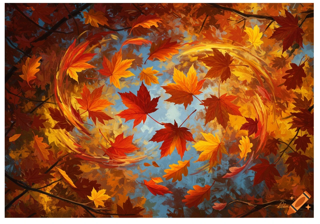 Autumn leaves swirling in a painting