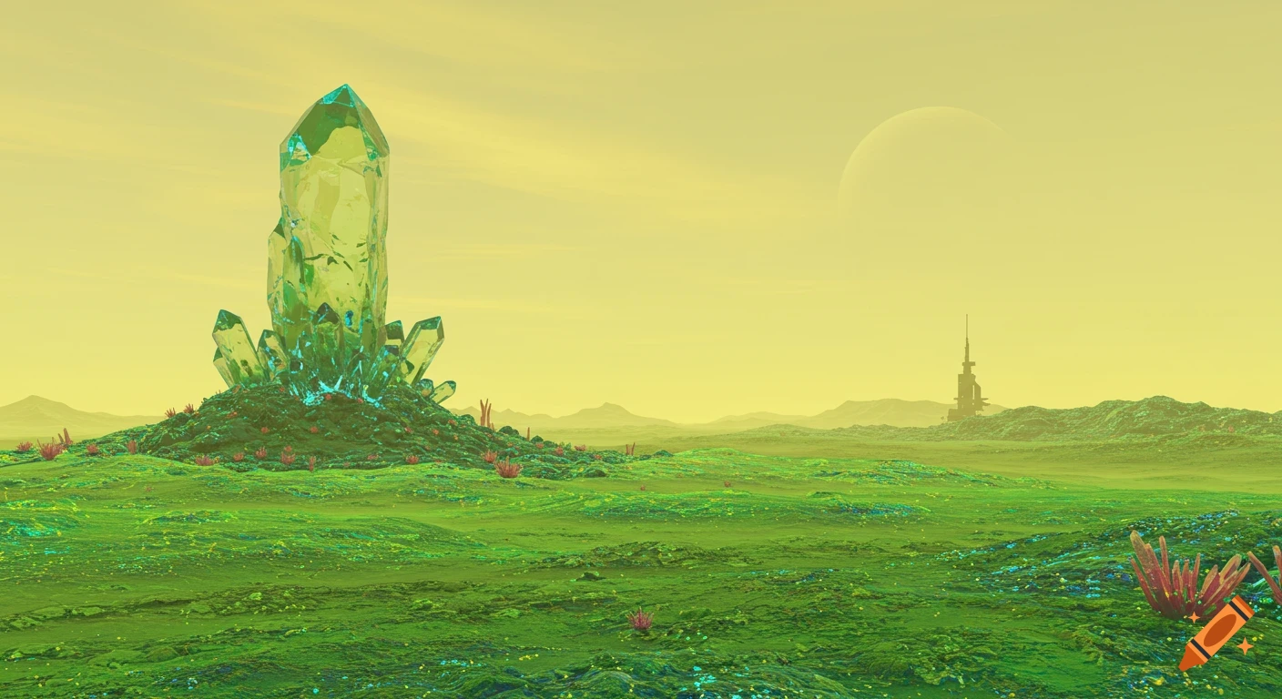 Sci-fi landscape with a large green crystal on a hill, green terrain, distant building, and large moon in a yellow sky.
