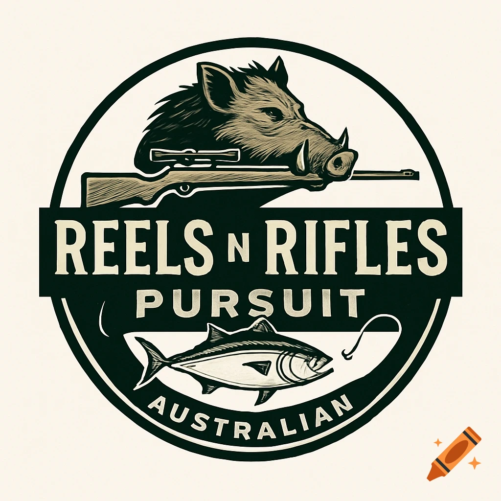 Logo for Reels n Rifles Pursuit featuring a boar's head, rifle, and fish within a circle