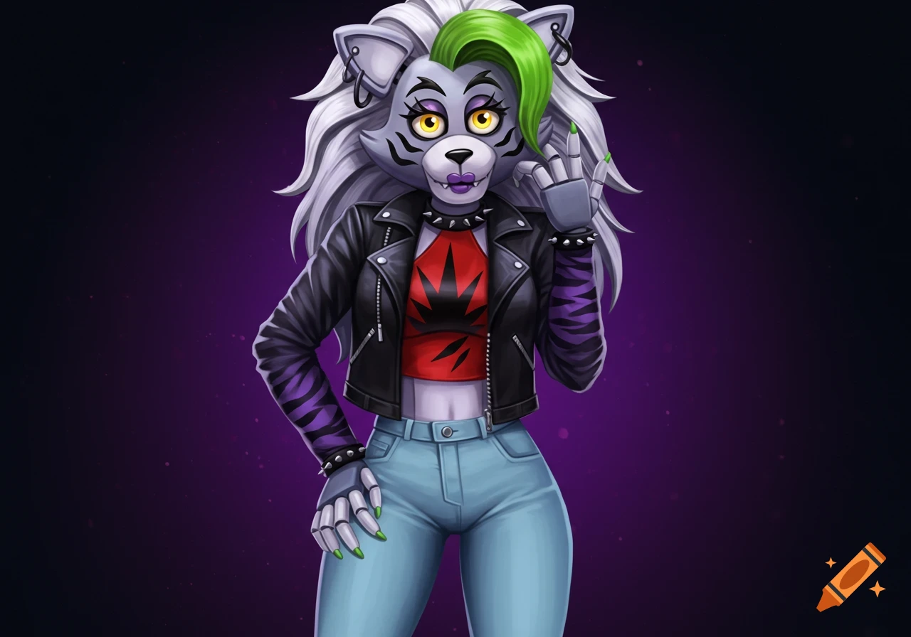 Stylized Roxanne Wolf animatronic character in a black leather jacket, red crop top with a symbol, and light blue jeans.
