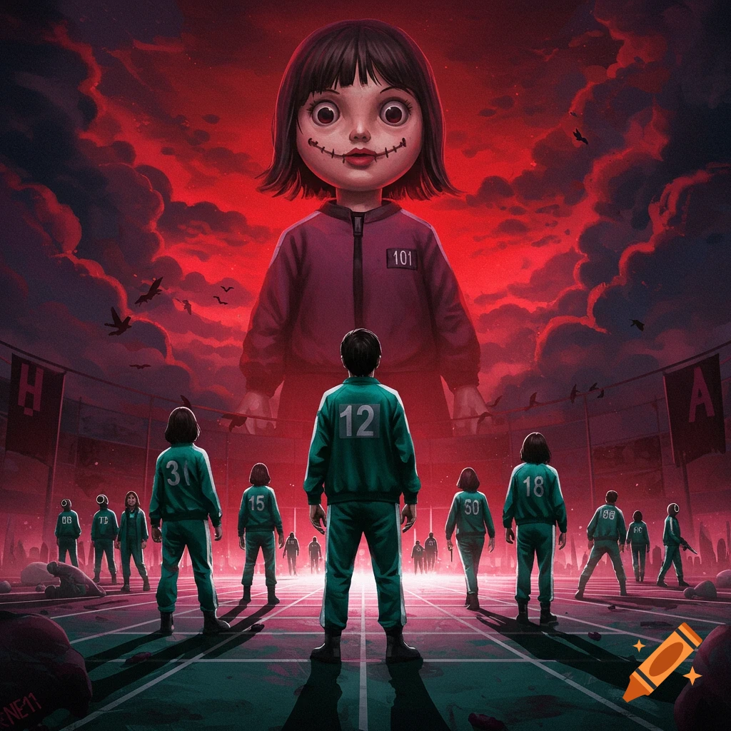 People in numbered tracksuits stand on a field facing a giant doll under a red sky. Inspired by Squid Game.