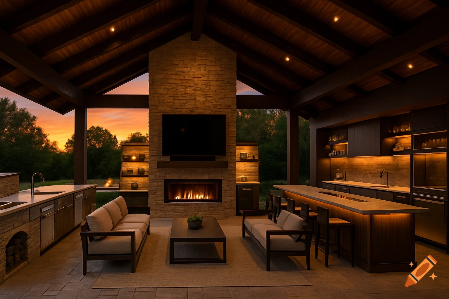 Luxurious outdoor pavilion with a kitchen, bar, seating area, fireplace, and TV, illuminated at sunset.