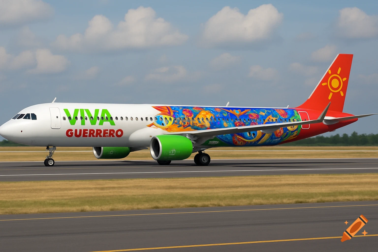 A Viva Guerrero airline A321 aircraft with colorful fish art livery on a runway