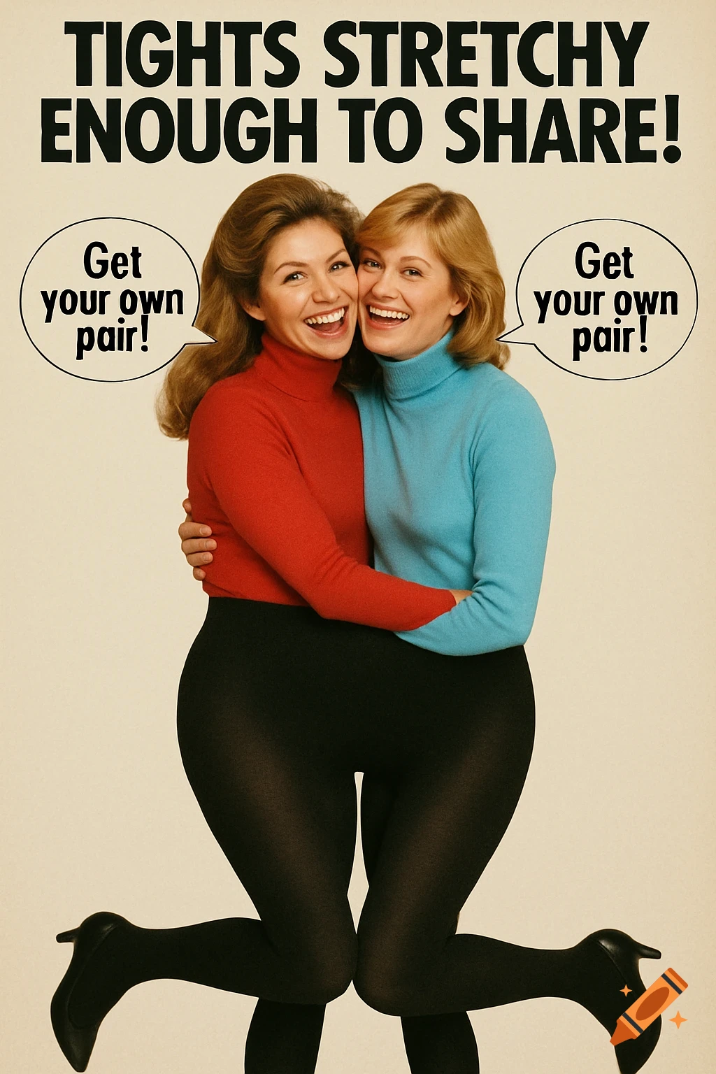 Humorous 1980s ad showing two women in turtlenecks embracing, sharing one pair of tights. Text reads 'TIGHTS STRETCHY ENOUGH TO SHARE!' and 'Get your own pair!'