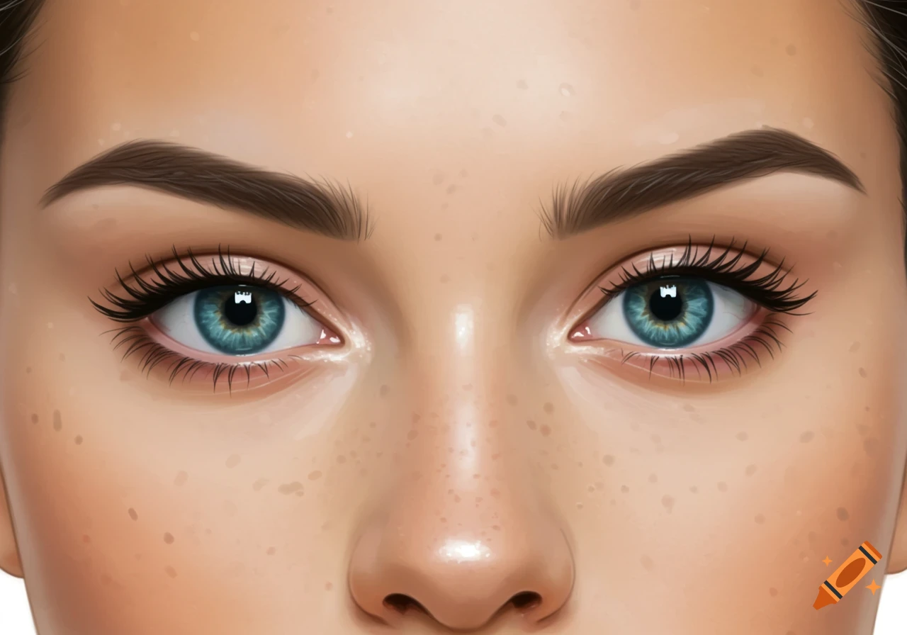 Close-up digital illustration of a woman's striking blue eyes and nose with freckles.