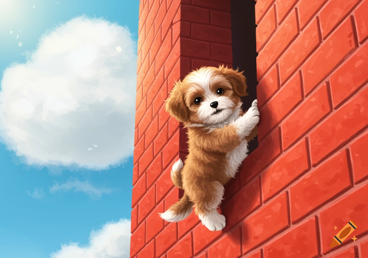 A cute puppy hangs onto a red brick building wall, looking towards the viewer. Blue sky and white clouds are in the background. Illustration style.