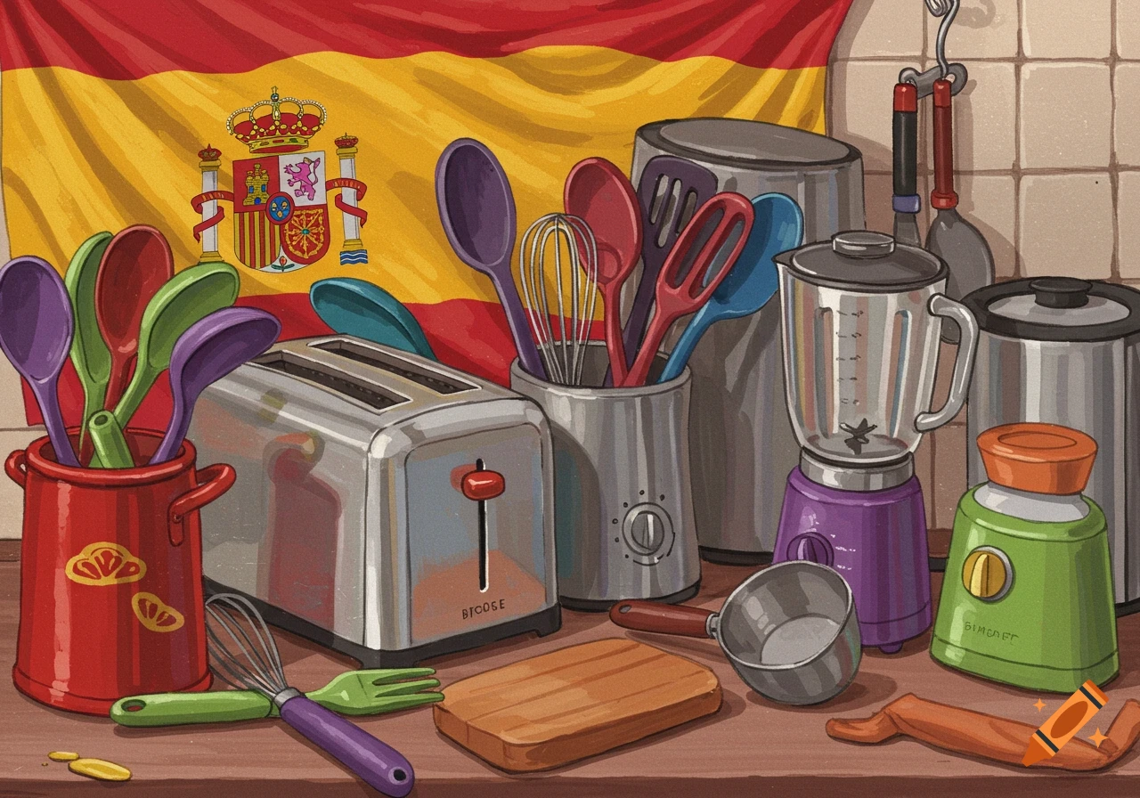 Illustration of kitchen tools and appliances in front of a Spanish flag.