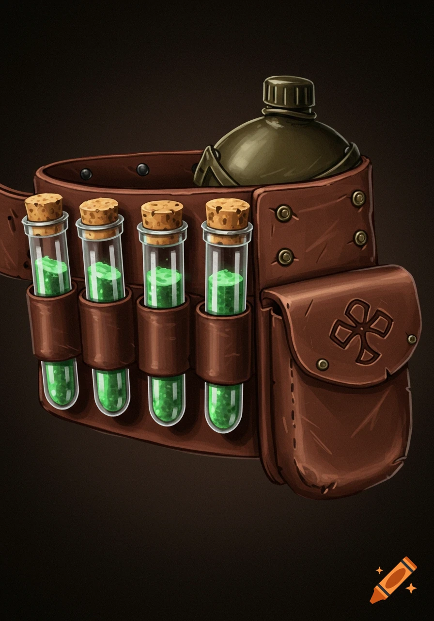 A detailed illustration of a leather belt holding four test tubes filled with green liquid and a canteen.